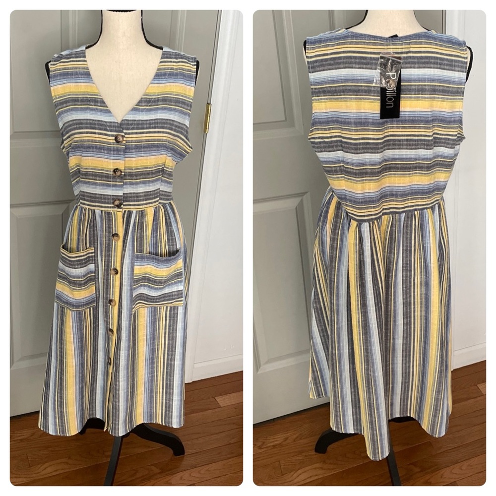 Papillon Linen Blend Midi Sundress Size XXL 12-14 Blue Yellow Stripe